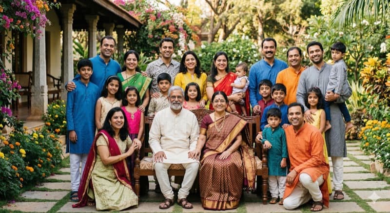 Multi-generational Indian family portrait with grandparents